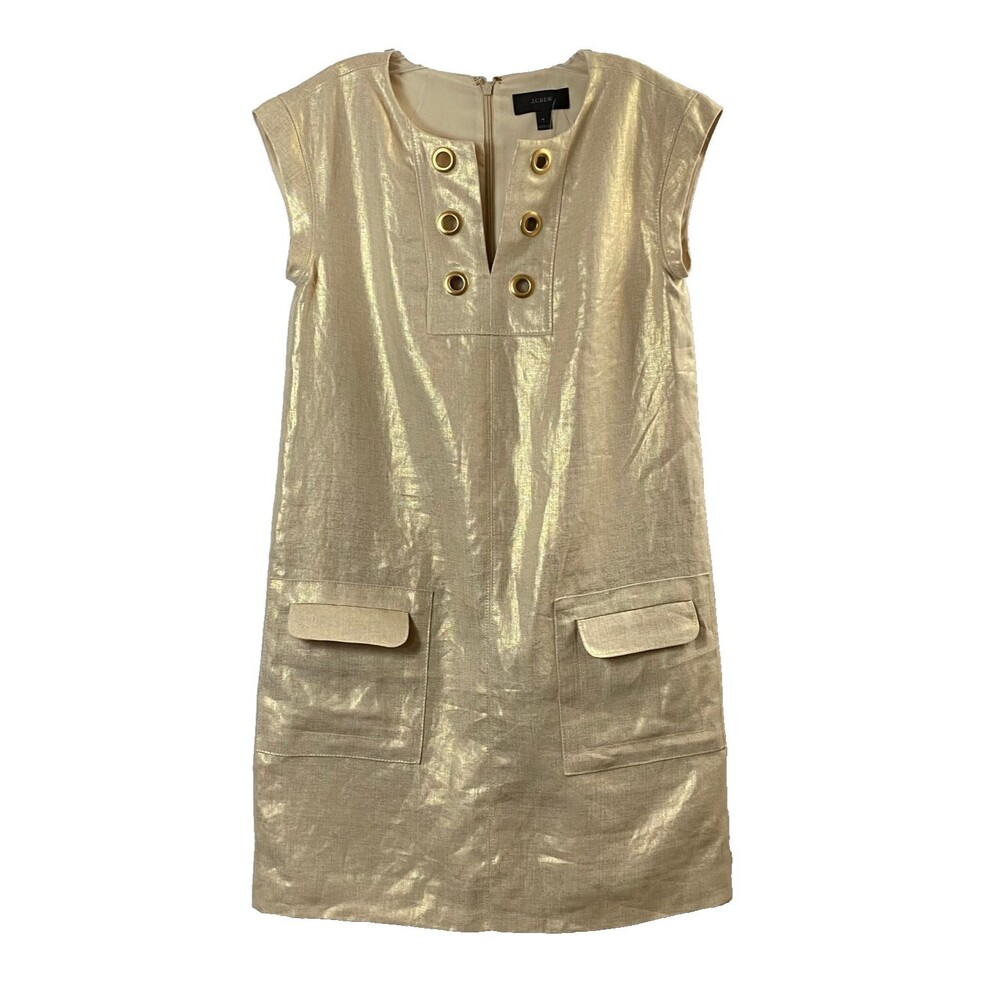 J Crew Shift Dress Womens 4 Beige Gold Metallic Cap Sleeves Pockets Grommets NWT